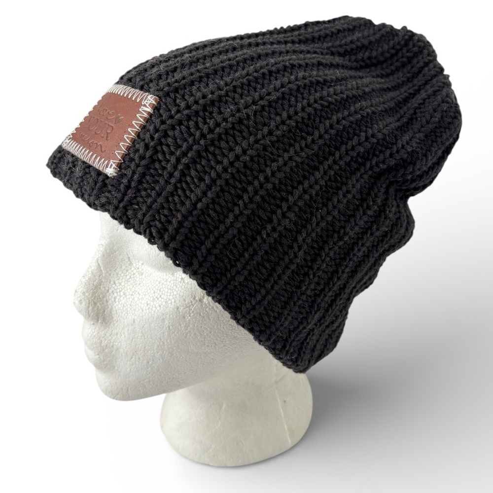 Love Your Melon Beanie Knit Hat Cap Black Large Leather Logo machine washable